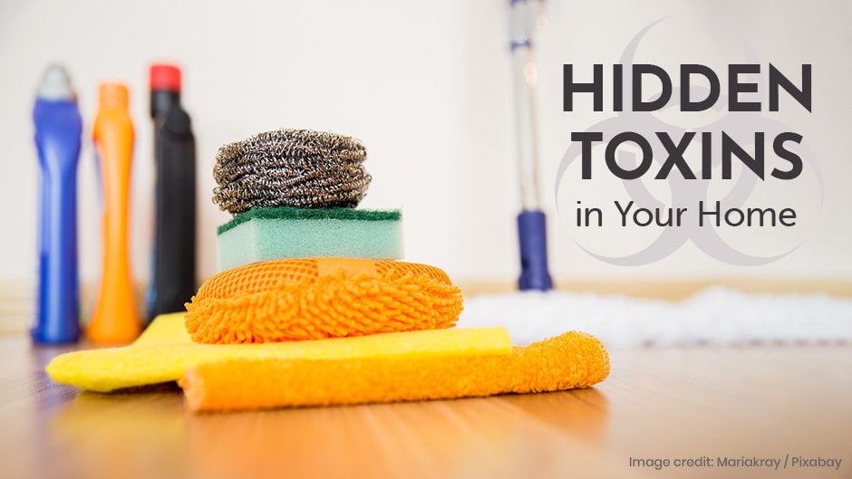 Cleaning supplies, including sponges, scrubbers, and bottles, are arranged on a wooden floor with the text "Hidden Toxins in Your Home" in the background.