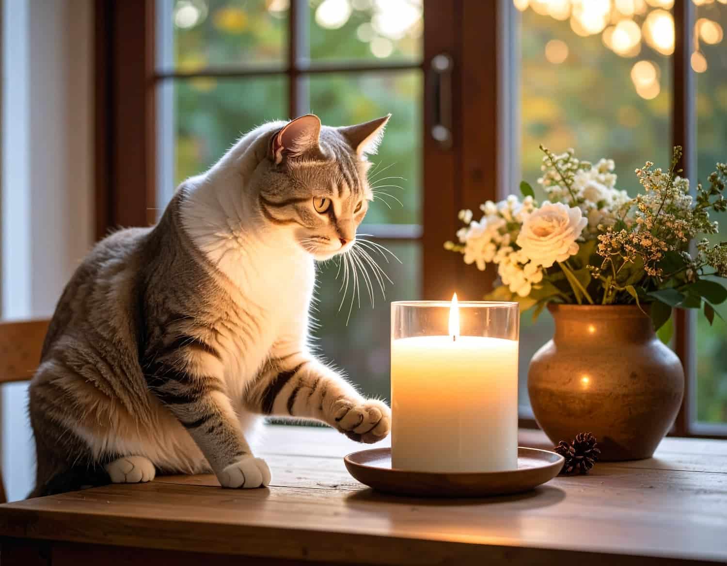 A cat sits on a wooden table next to a lit candle and a vase of white flowers, with sunlight streaming through a window in the background.